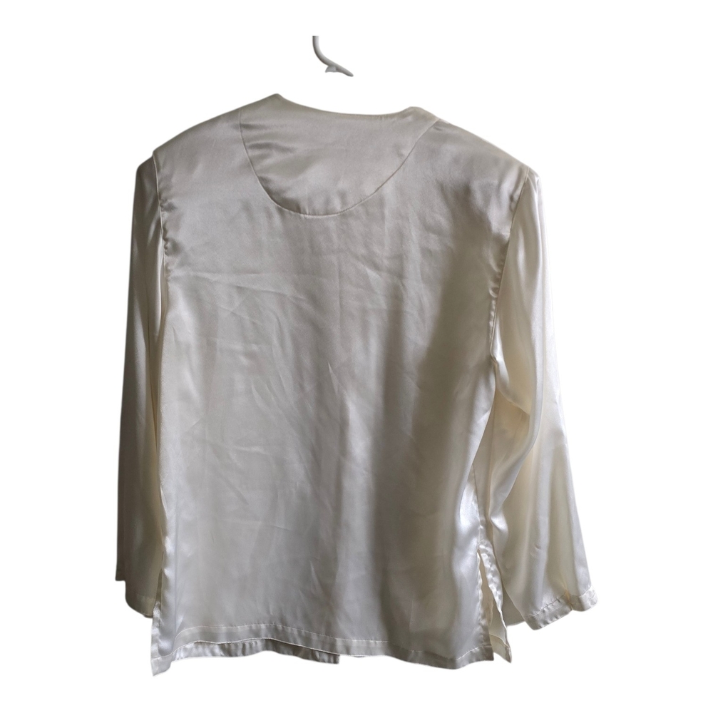 Vintage 80s C.E.O. Ivory Satin Blouse | Cream Button Up Long Sleeve Top - Picture 2 of 5